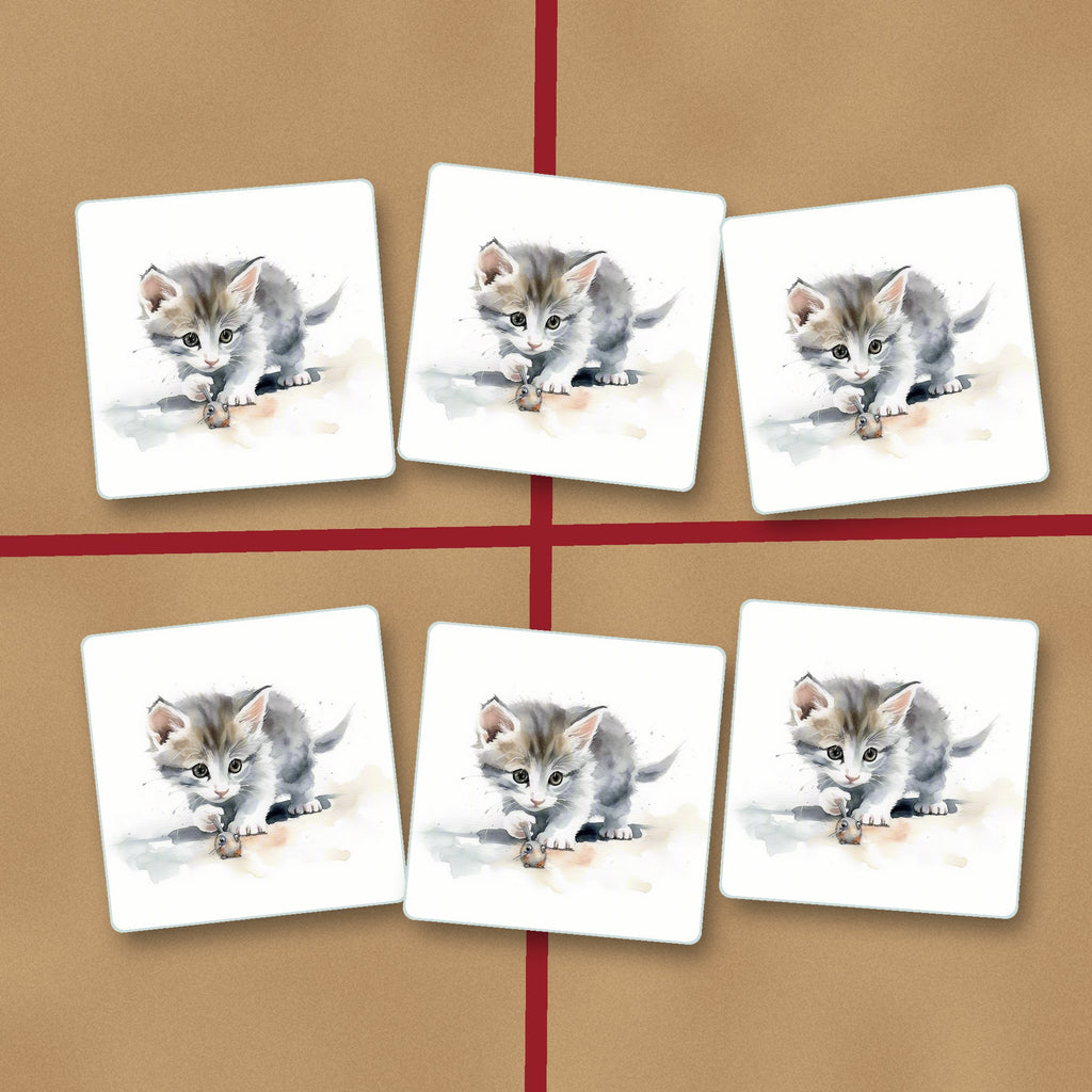 Grey Kitten at Play square glass coasters on kraft gift wrap