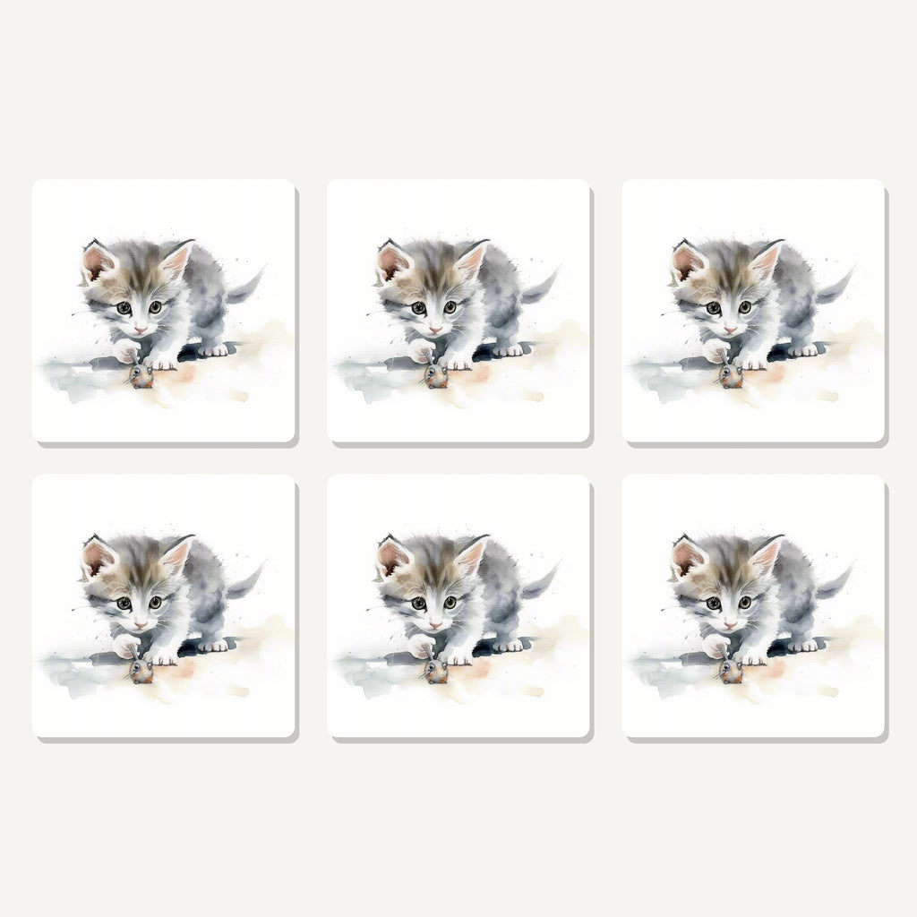 Flat lay of the grey kitten at play artwork on six square coasters