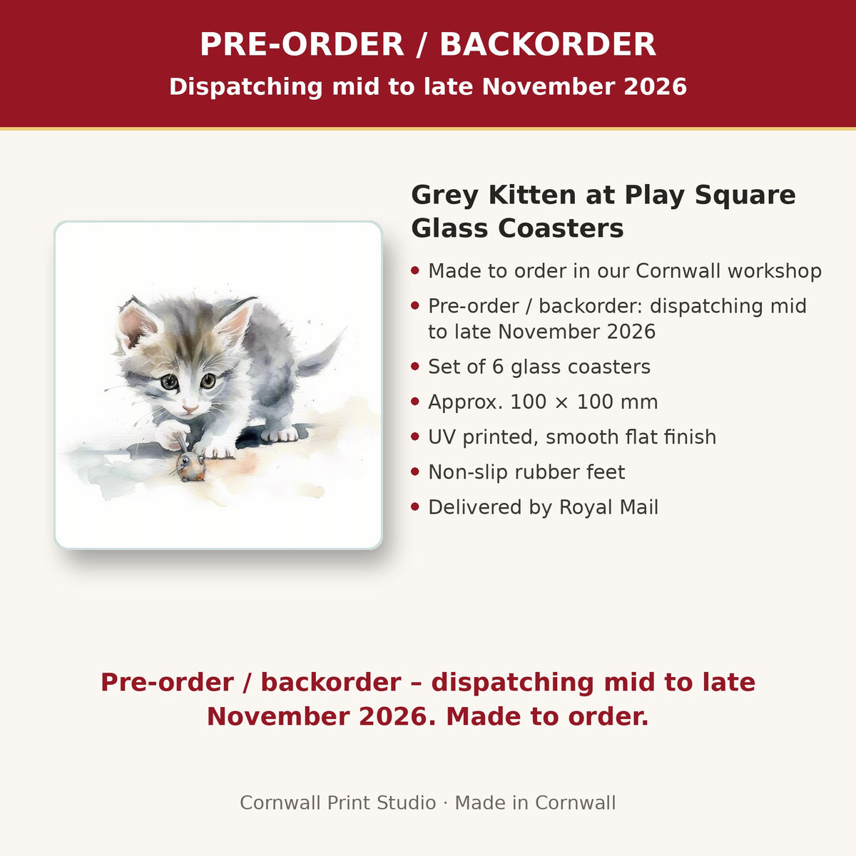 Info card: Grey Kitten at Play Square Glass Coasters – Set of 6, made to order, dispatching mid to late November 2026, delivered by Royal Mail