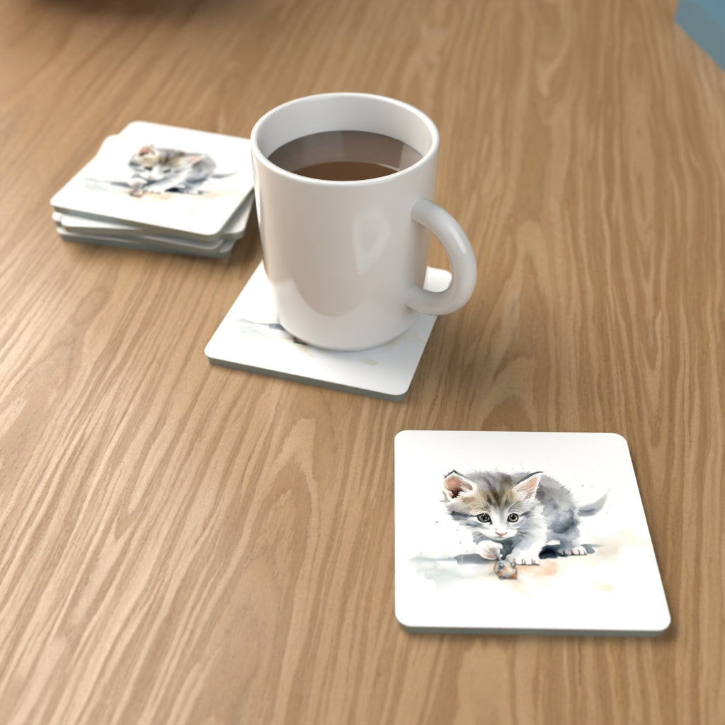 Grey Kitten at Play Square Glass Coasters – Set of 6 – lifestyle mockup with a mug of coffee