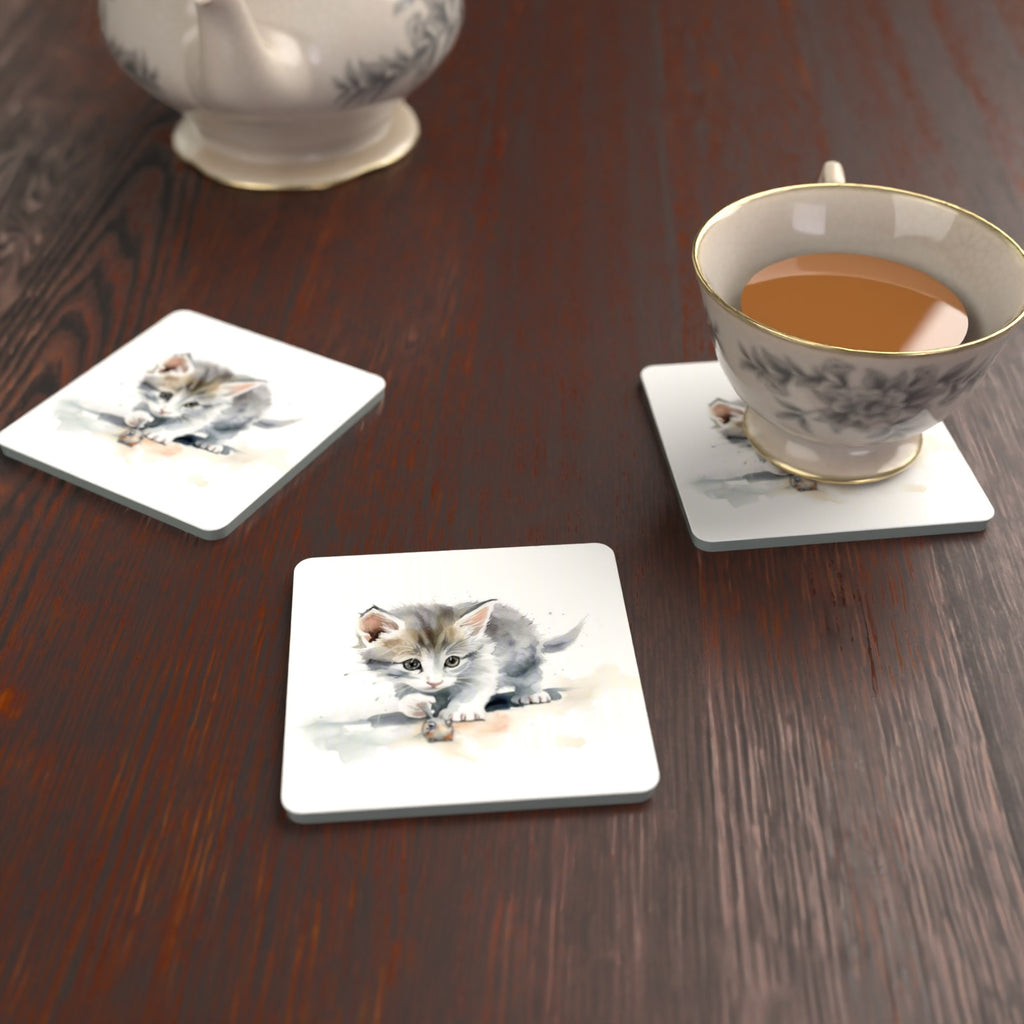 Grey Kitten at Play Square Glass Coasters – Set of 6 – lifestyle mockup with a teacup