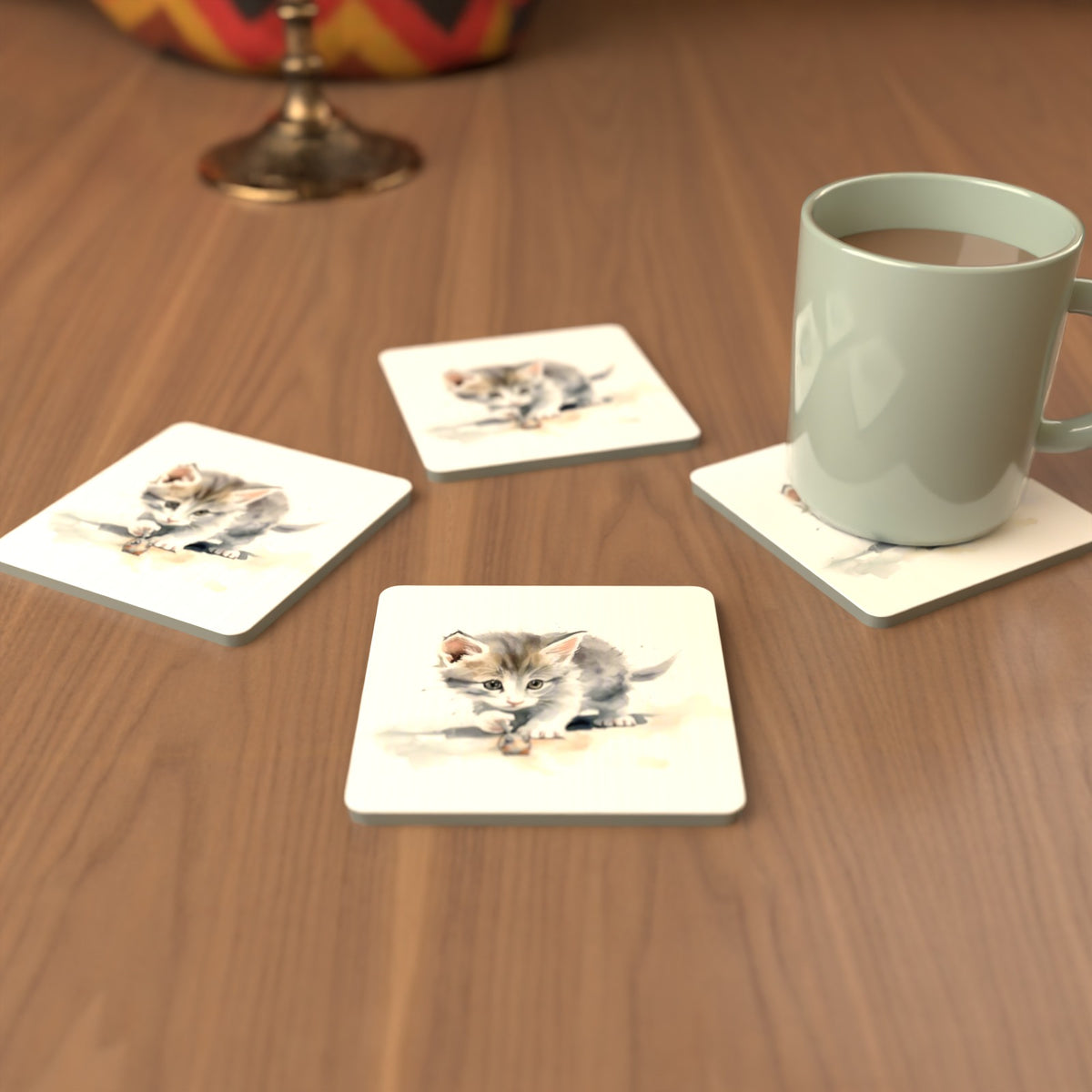 Grey Kitten at Play Square Glass Coasters – Set of 6 – cosy lifestyle mockup
