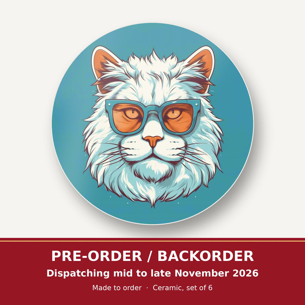Cool White Cat in Sunglasses round ceramic coaster set of 6 – pre-order / backorder, dispatching mid to late November 2026