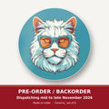 Cool White Cat in Sunglasses round ceramic coaster set of 6 – pre-order / backorder, dispatching mid to late November 2026