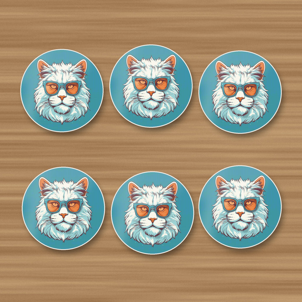 Cool White Cat in Sunglasses round ceramic coasters, set of 6, on an oak coffee table