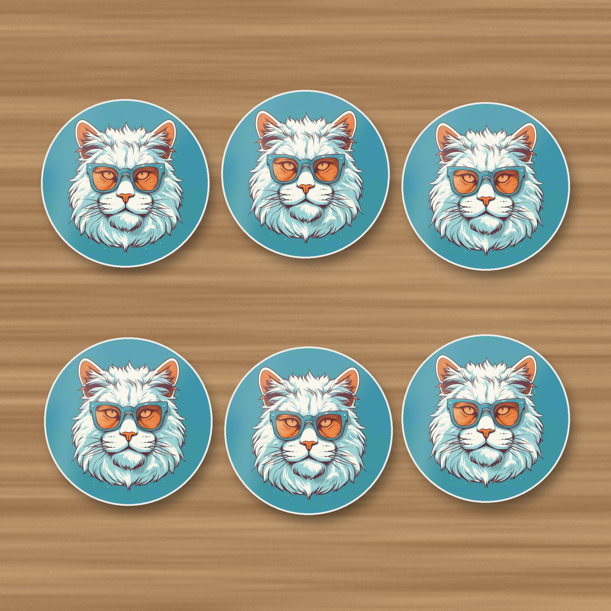 Cool White Cat in Sunglasses round ceramic coasters, set of 6, on an oak coffee table