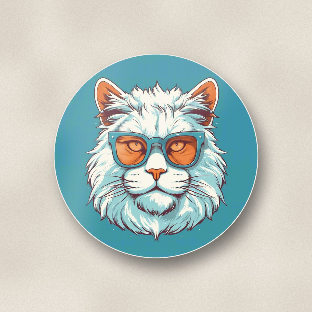 Close-up of one cool white cat in sunglasses round ceramic coaster, flat UV print