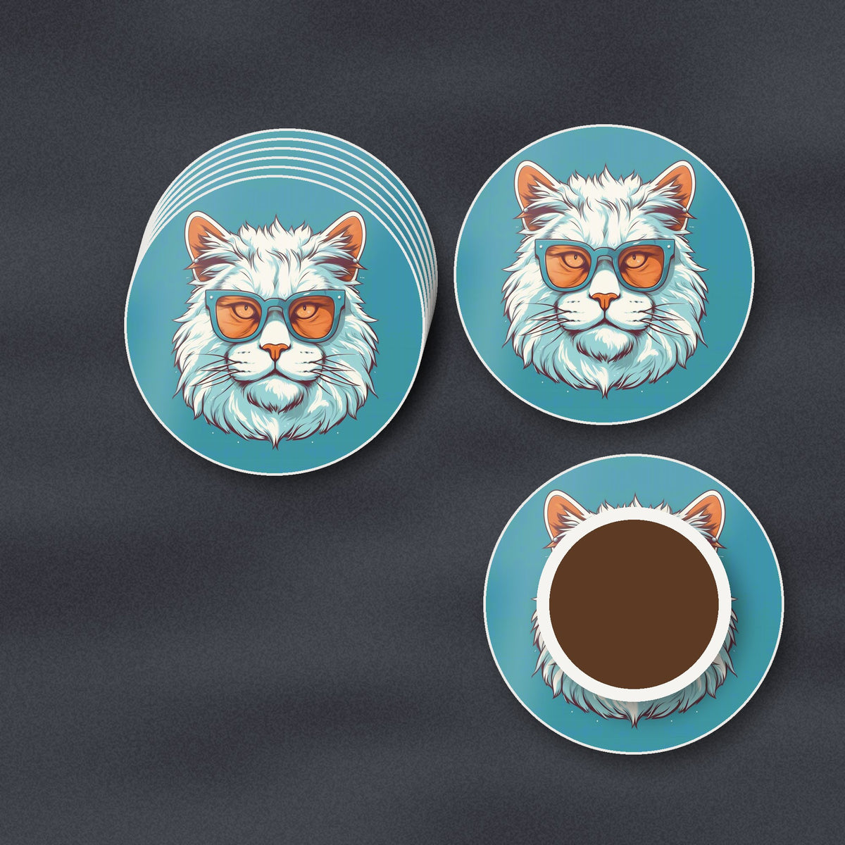 Cool White Cat in Sunglasses round ceramic coasters stacked on a slate kitchen worktop