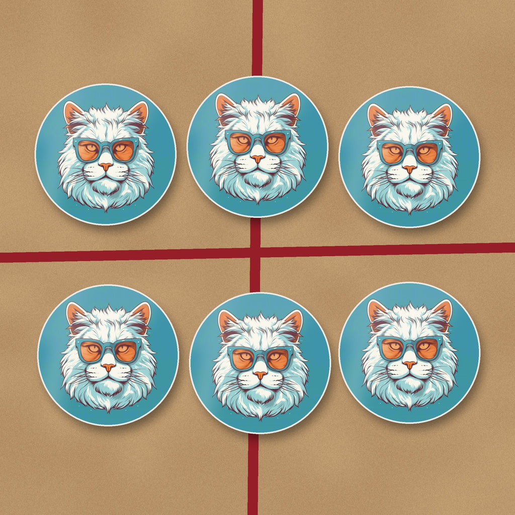 Cool White Cat in Sunglasses round ceramic coasters on kraft gift wrap