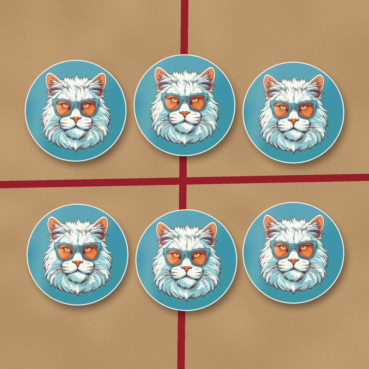 Cool White Cat in Sunglasses round ceramic coasters on kraft gift wrap