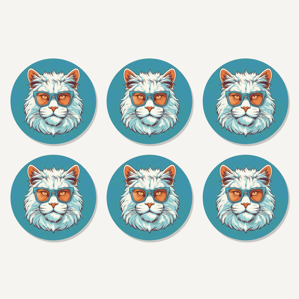 Flat lay of the cool white cat in sunglasses artwork on six round coasters