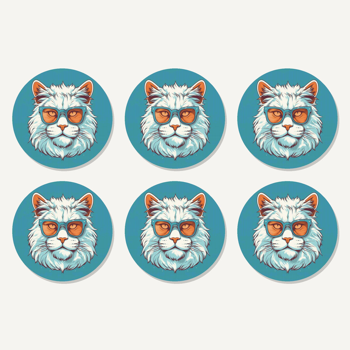 Flat lay of the cool white cat in sunglasses artwork on six round coasters