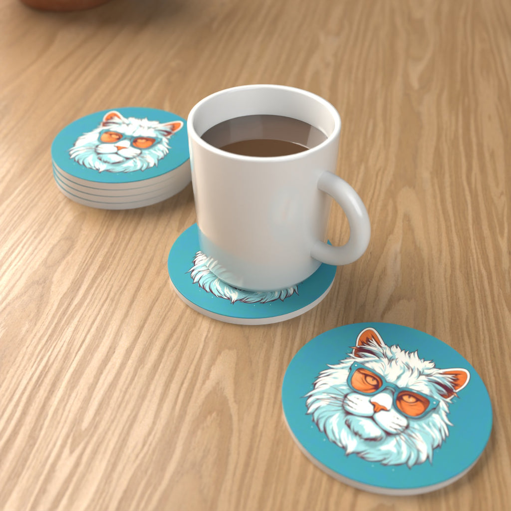 Cool White Cat in Sunglasses Round Ceramic Coasters – Set of 6 – lifestyle mockup with a mug of coffee