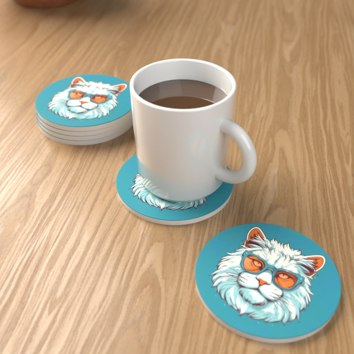 Cool White Cat in Sunglasses Round Ceramic Coasters – Set of 6 – lifestyle mockup with a mug of coffee