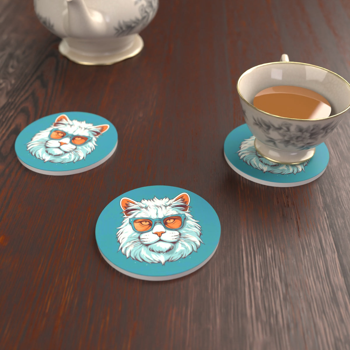 Cool White Cat in Sunglasses Round Ceramic Coasters – Set of 6 – lifestyle mockup with a teacup