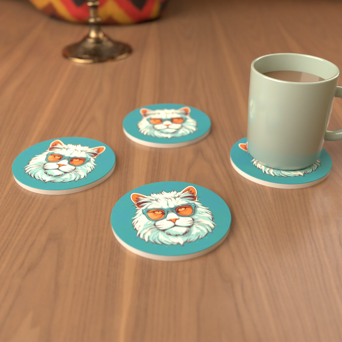 Cool White Cat in Sunglasses Round Ceramic Coasters – Set of 6 – cosy lifestyle mockup