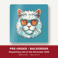 Cool White Cat in Sunglasses square glass coaster set of 6 – pre-order / backorder, dispatching mid to late November 2026