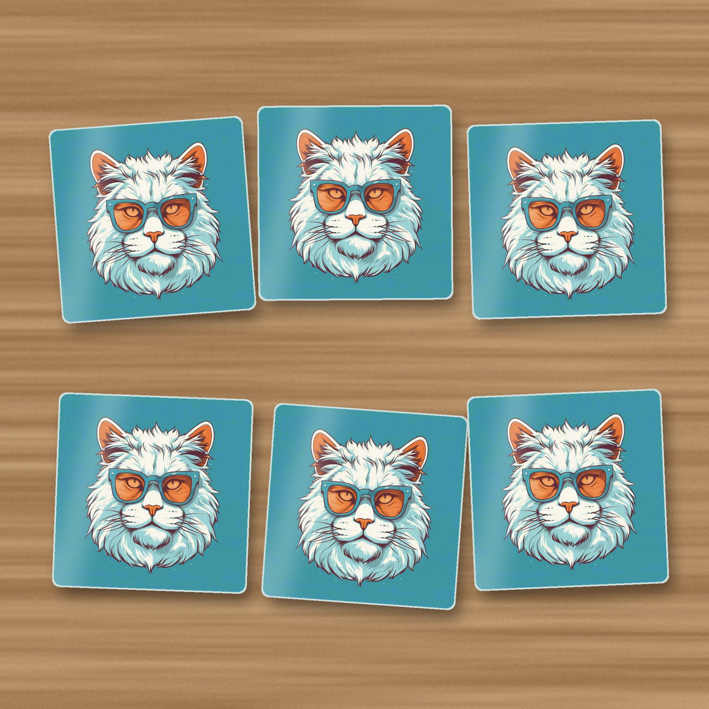 Cool White Cat in Sunglasses square glass coasters, set of 6, on an oak coffee table