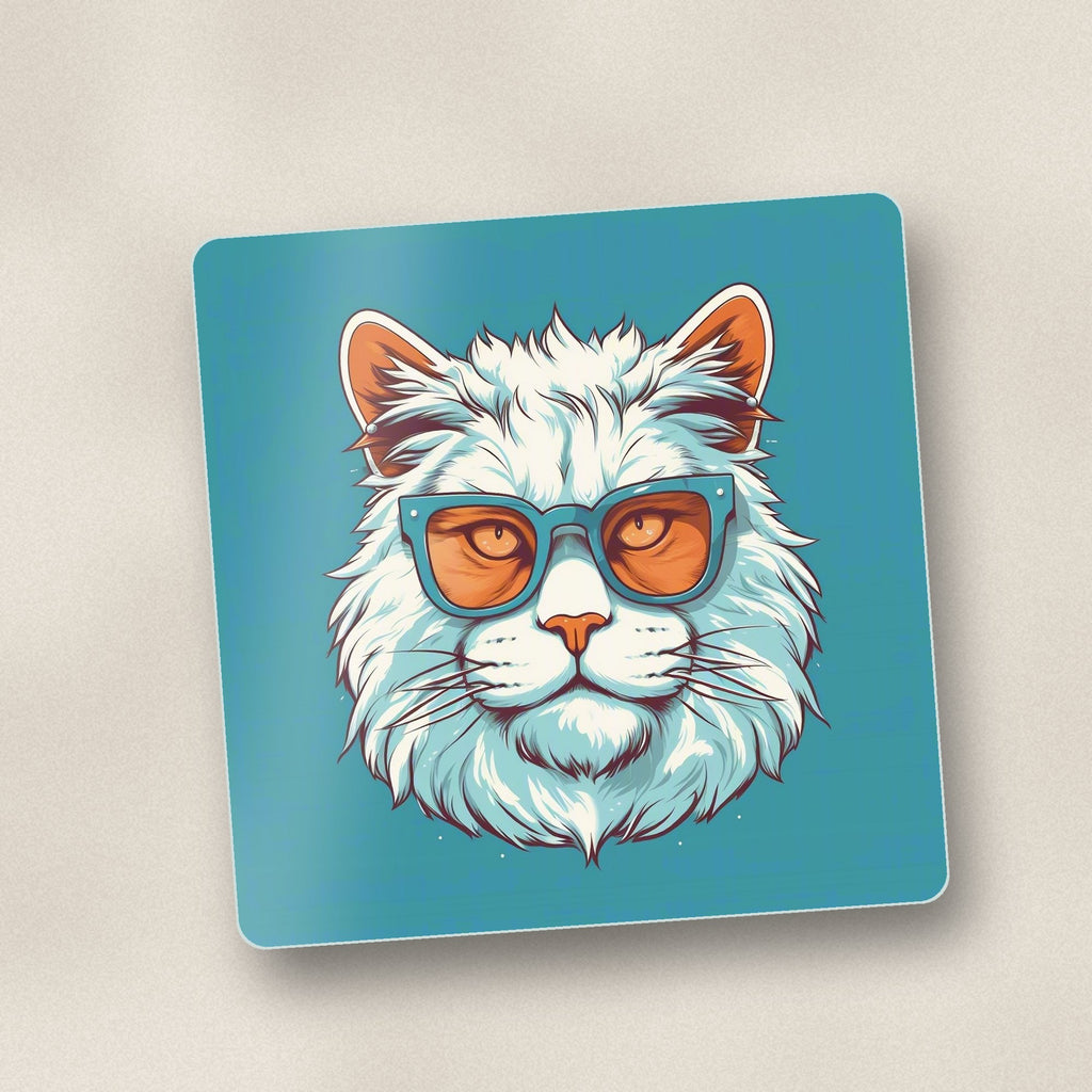 Close-up of one cool white cat in sunglasses square glass coaster, flat UV print