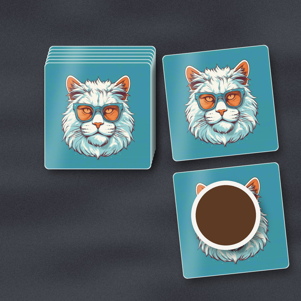 Cool White Cat in Sunglasses square glass coasters stacked on a slate kitchen worktop
