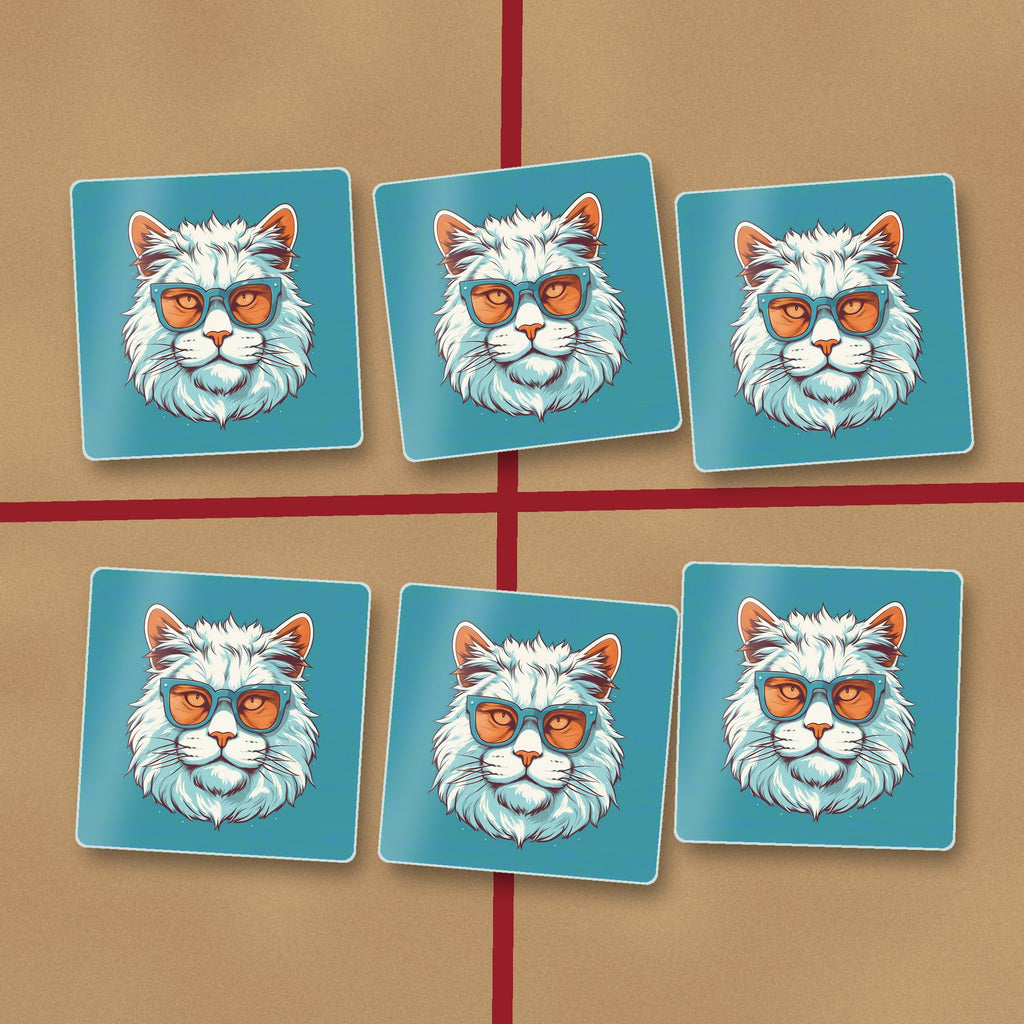 Cool White Cat in Sunglasses square glass coasters on kraft gift wrap