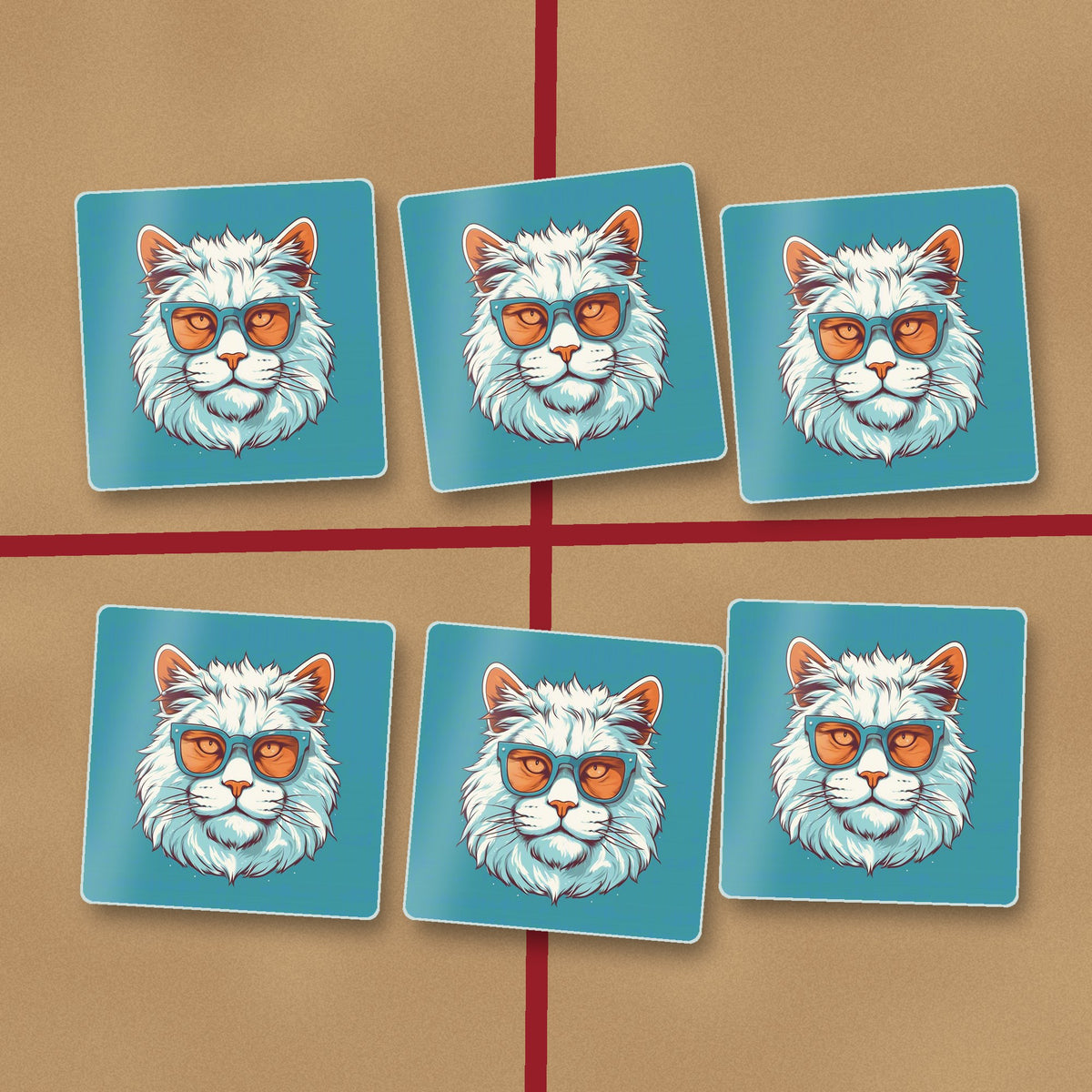 Cool White Cat in Sunglasses square glass coasters on kraft gift wrap