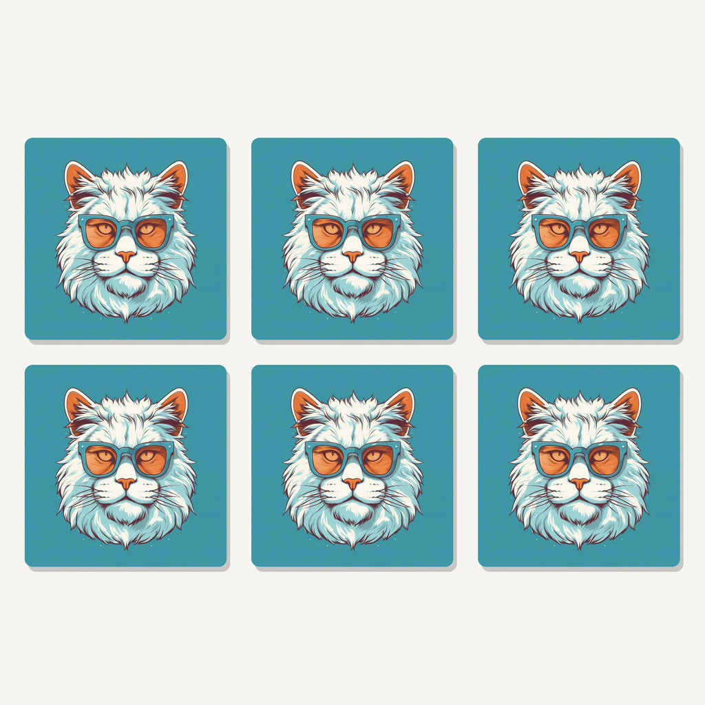 Flat lay of the cool white cat in sunglasses artwork on six square coasters