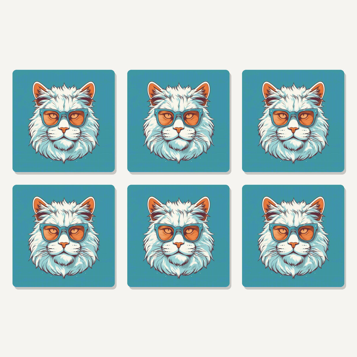 Flat lay of the cool white cat in sunglasses artwork on six square coasters