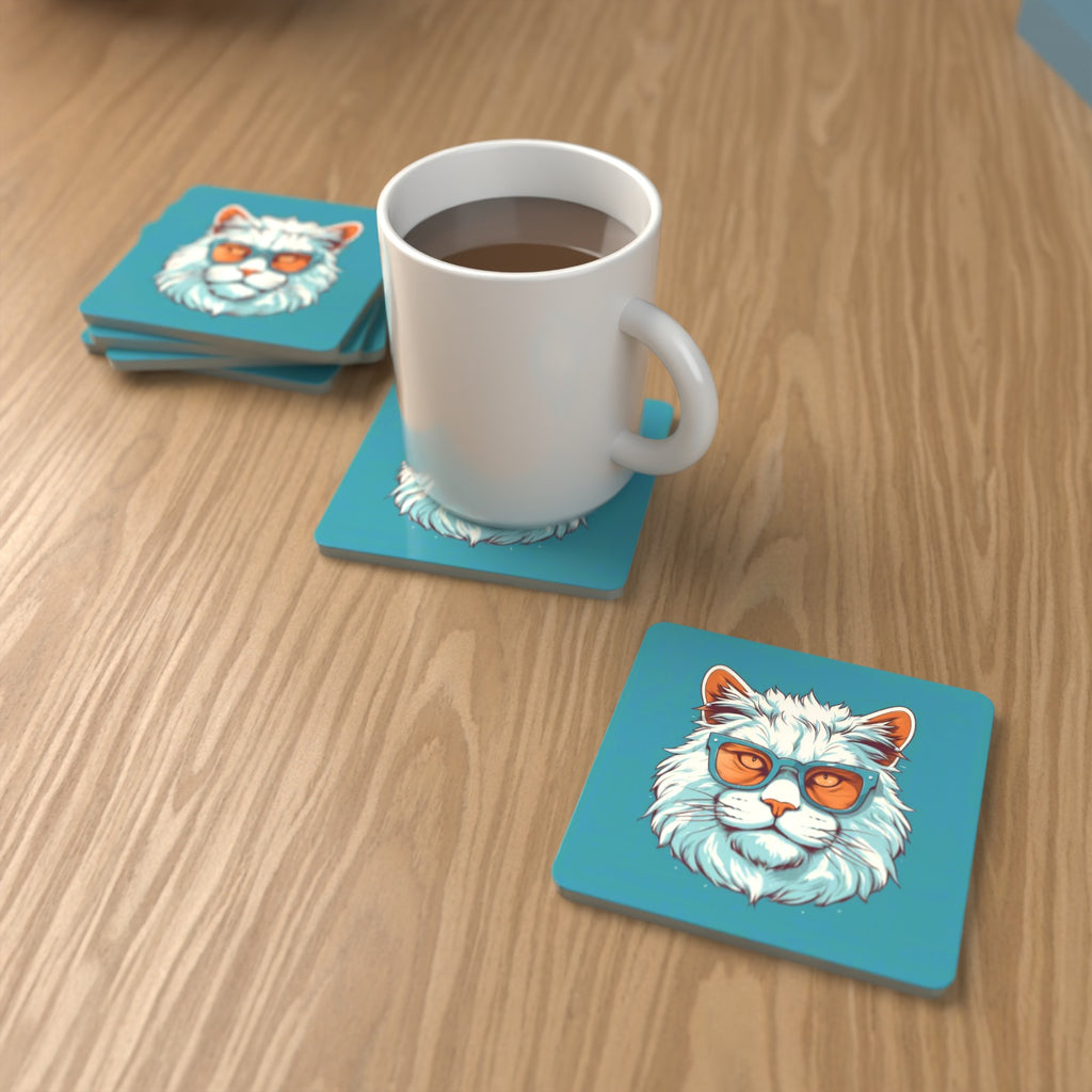 Cool White Cat in Sunglasses Square Glass Coasters – Set of 6 – lifestyle mockup with a mug of coffee