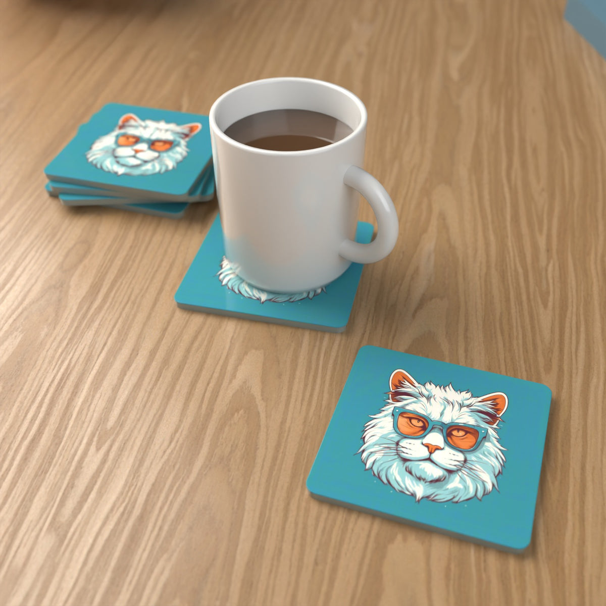 Cool White Cat in Sunglasses Square Glass Coasters – Set of 6 – lifestyle mockup with a mug of coffee