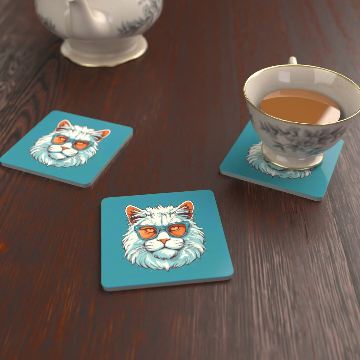 Cool White Cat in Sunglasses Square Glass Coasters – Set of 6 – lifestyle mockup with a teacup