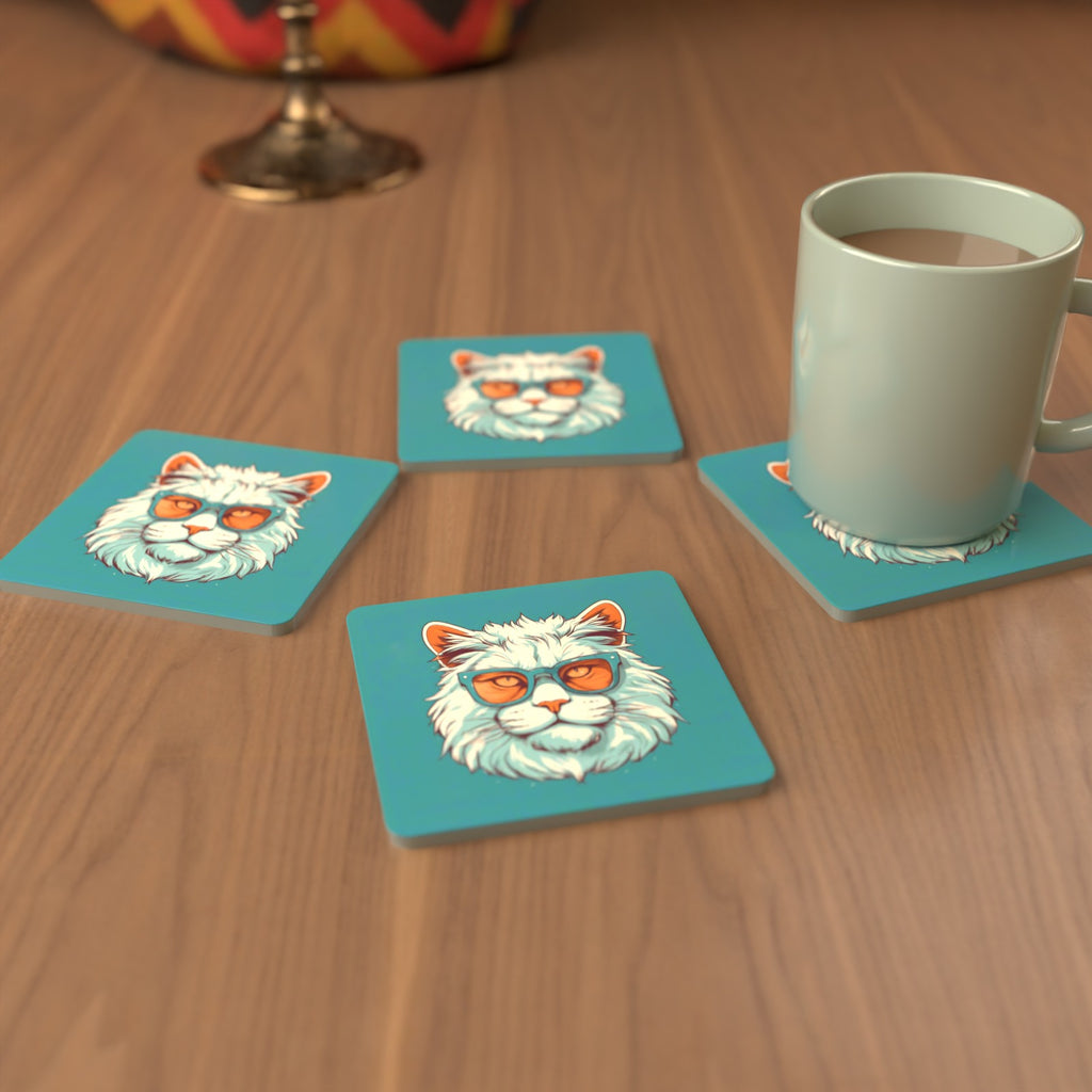 Cool White Cat in Sunglasses Square Glass Coasters – Set of 6 – cosy lifestyle mockup