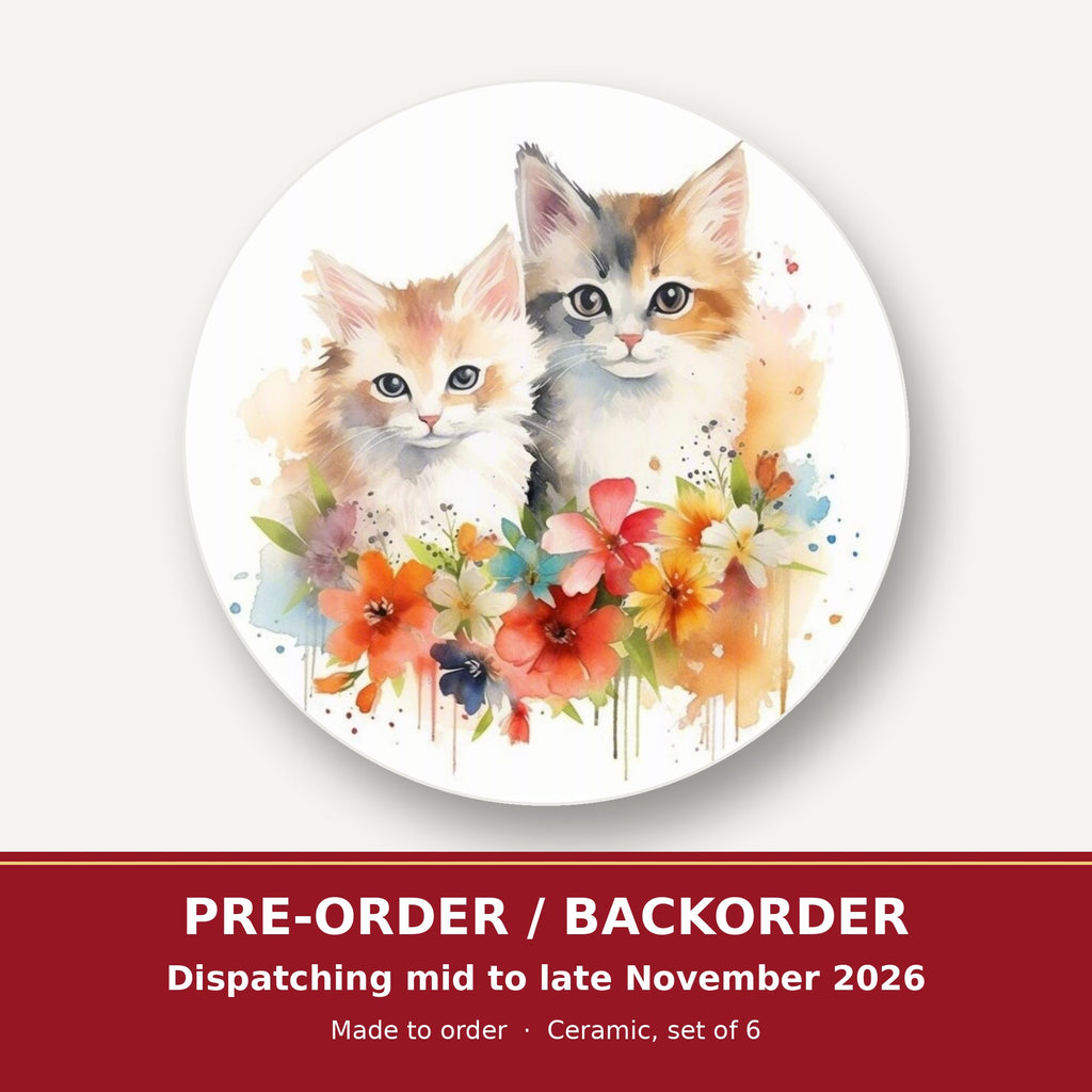 Two Kittens with Flowers round ceramic coaster set of 6 – pre-order / backorder, dispatching mid to late November 2026