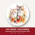 Two Kittens with Flowers round ceramic coaster set of 6 – pre-order / backorder, dispatching mid to late November 2026