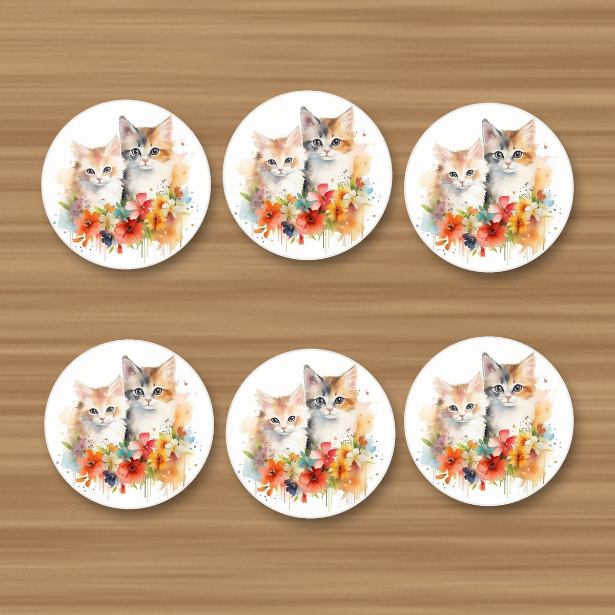 Two Kittens with Flowers round ceramic coasters, set of 6, on an oak coffee table