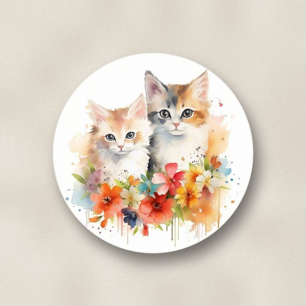 Close-up of one two kittens with flowers round ceramic coaster, flat UV print