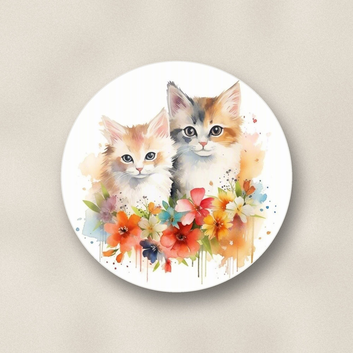 Close-up of one two kittens with flowers round ceramic coaster, flat UV print