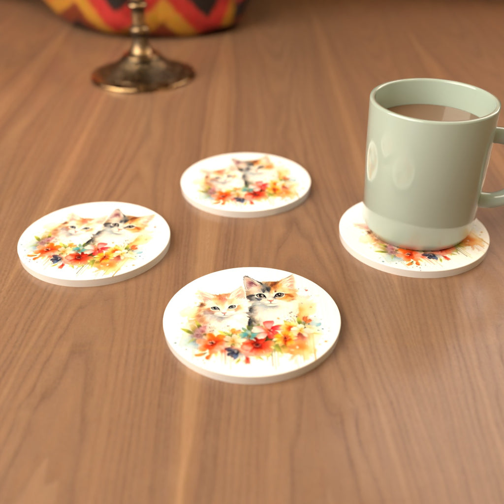 Two Kittens with Flowers Round Ceramic Coasters – Set of 6 – cosy lifestyle mockup