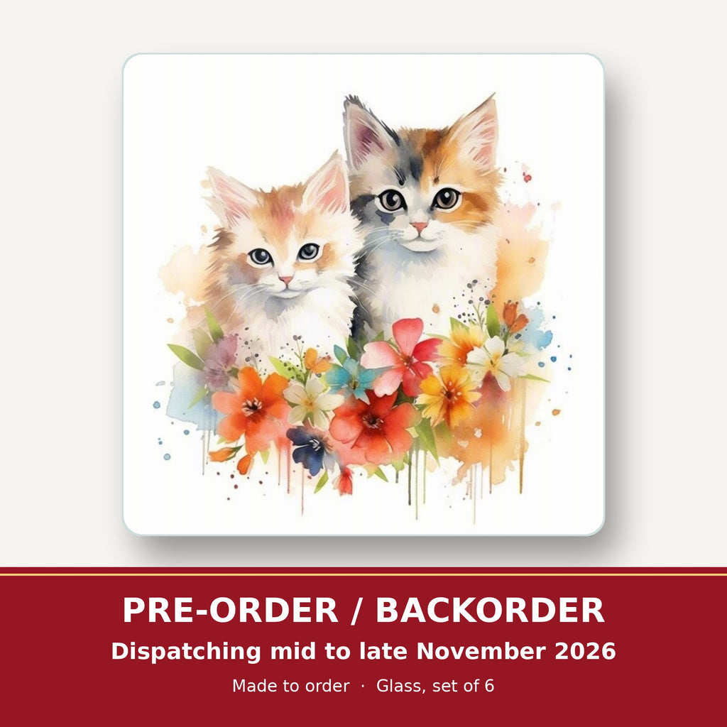 Two Kittens with Flowers square glass coaster set of 6 – pre-order / backorder, dispatching mid to late November 2026