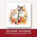 Two Kittens with Flowers square glass coaster set of 6 – pre-order / backorder, dispatching mid to late November 2026