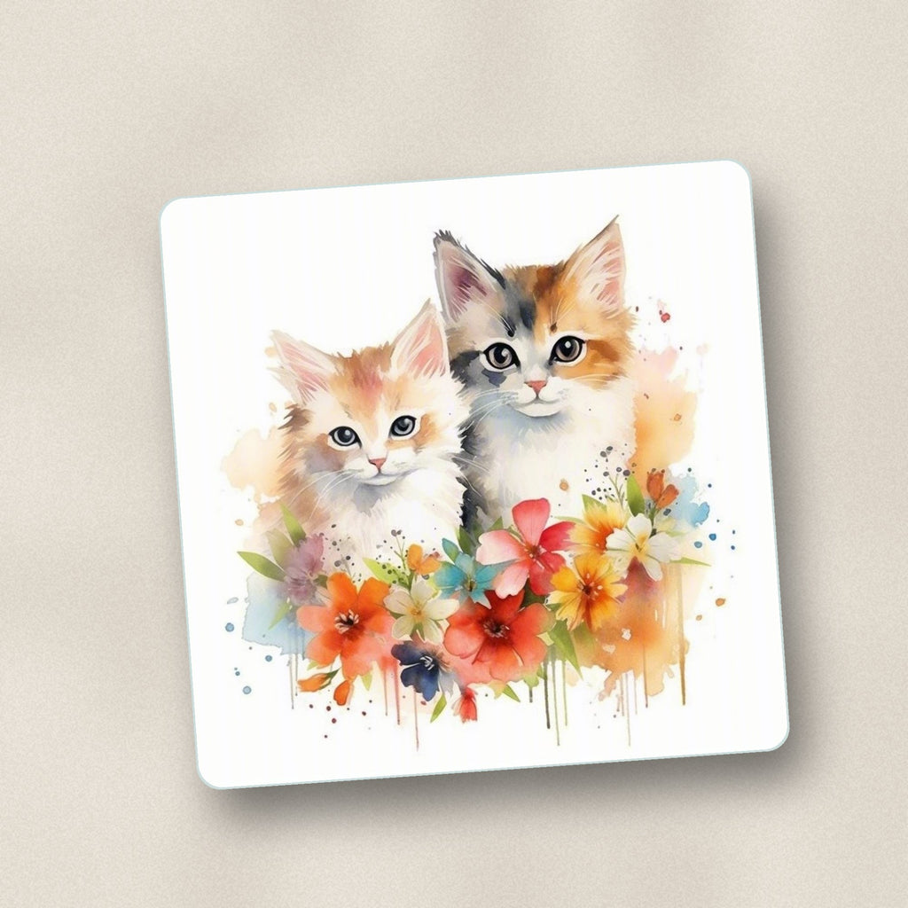 Close-up of one two kittens with flowers square glass coaster, flat UV print