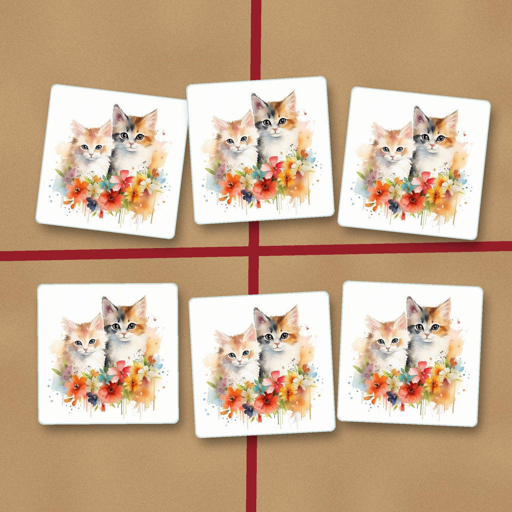 Two Kittens with Flowers square glass coasters on kraft gift wrap