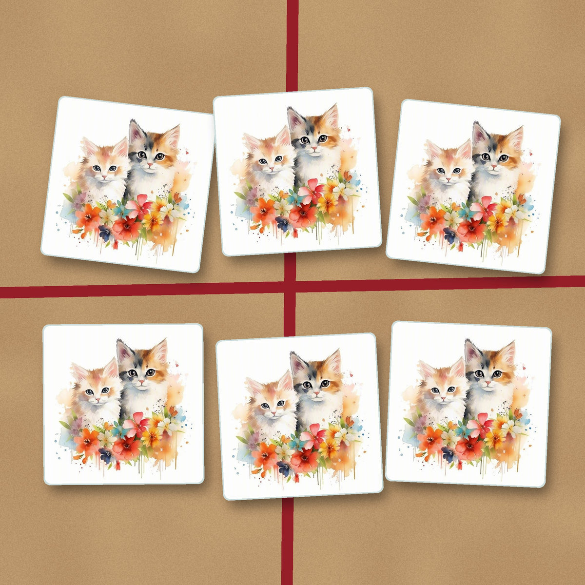 Two Kittens with Flowers square glass coasters on kraft gift wrap