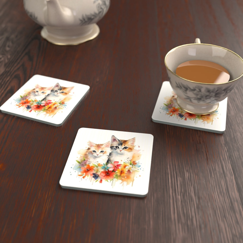 Two Kittens with Flowers Square Glass Coasters – Set of 6 – lifestyle mockup with a teacup