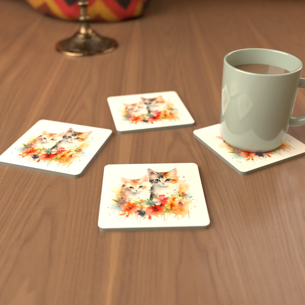 Two Kittens with Flowers Square Glass Coasters – Set of 6 – cosy lifestyle mockup