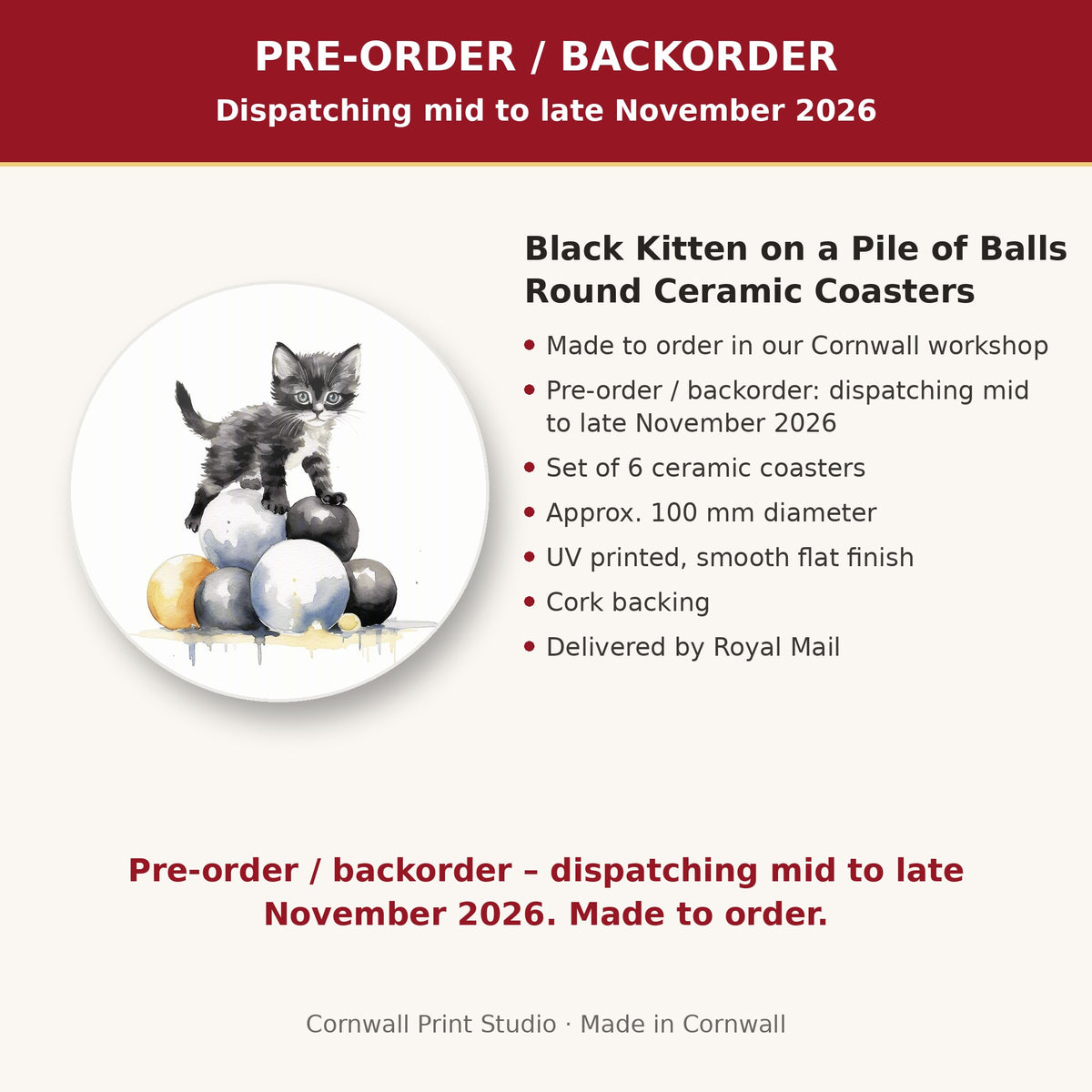 Info card: Black Kitten on a Pile of Balls Round Ceramic Coasters – Set of 6, made to order, dispatching mid to late November 2026, delivered by Royal Mail
