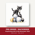 Black Kitten on a Pile of Balls square glass coaster set of 6 – pre-order / backorder, dispatching mid to late November 2026
