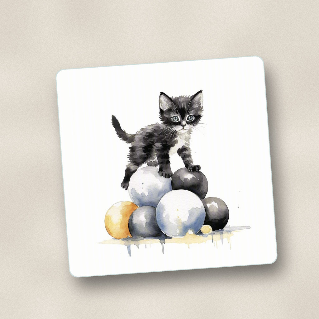 Close-up of one black kitten on a pile of balls square glass coaster, flat UV print