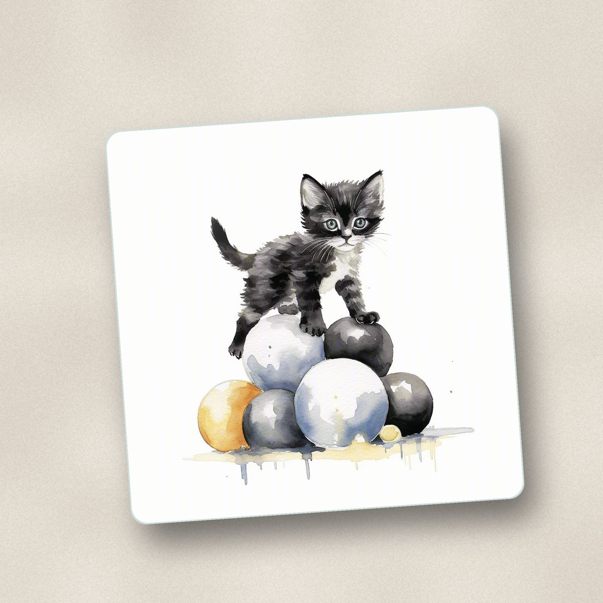 Close-up of one black kitten on a pile of balls square glass coaster, flat UV print
