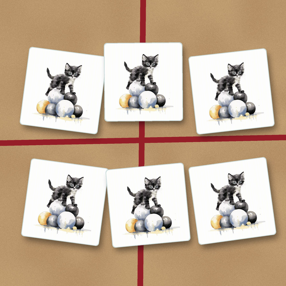 Black Kitten on a Pile of Balls square glass coasters on kraft gift wrap